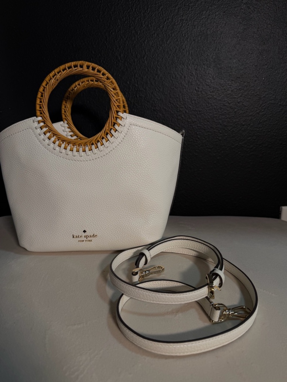 kate spade White Pebbled Tote with Woven Bamboo Handles - Picture 4 of 4